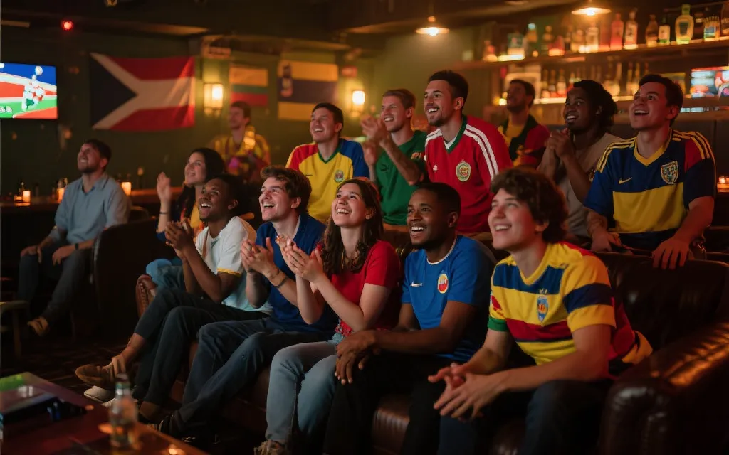 多国球迷在同一空间观赛的氛围，体现跨国支持与社群凝聚