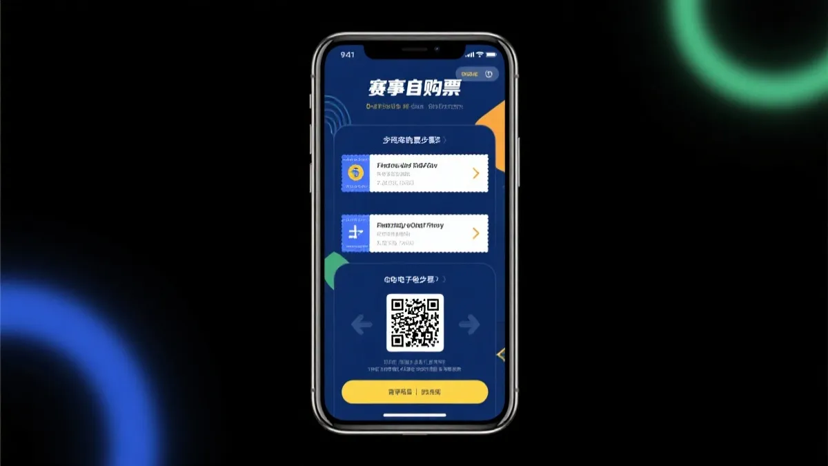 手机上展示赛事门票购买流程的界面与购票步骤场景