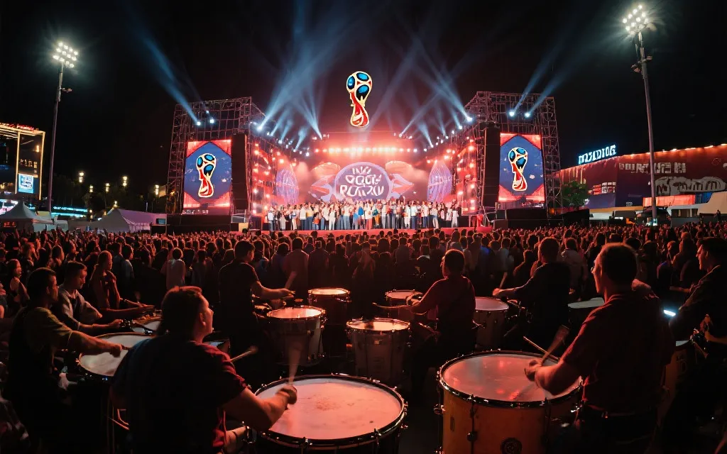 球迷广场夜间演出，鼓队与合唱人群，三国色彩灯光与声波装置融合的纪实风格