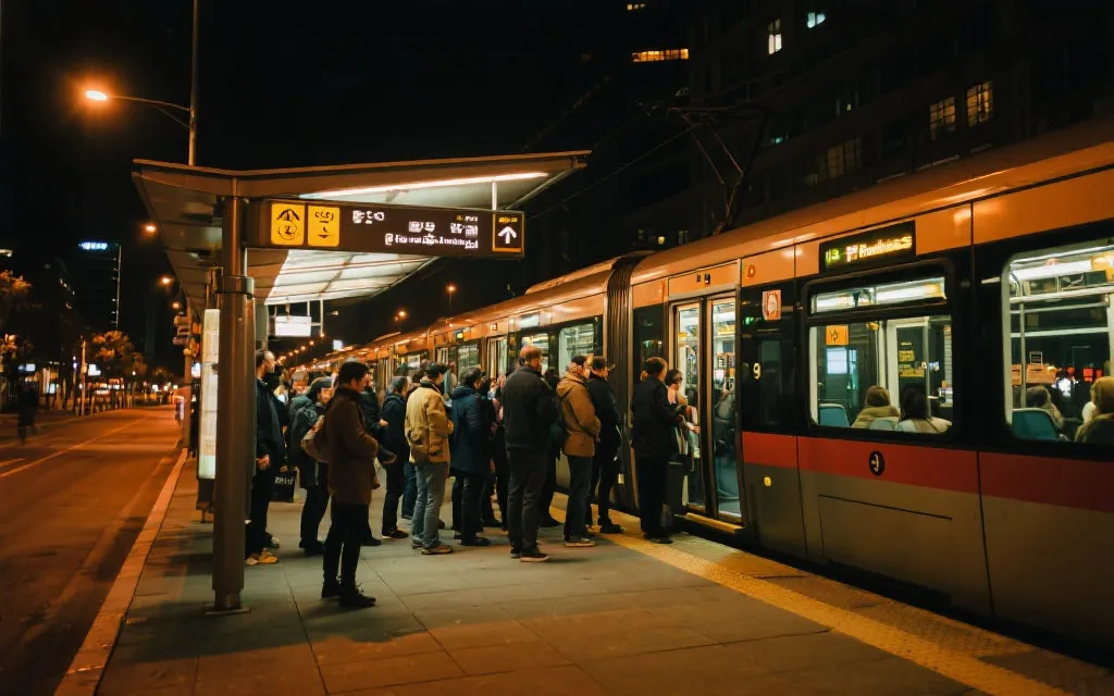 城市夜间公共交通站点与人群有序排队，温暖路灯氛围